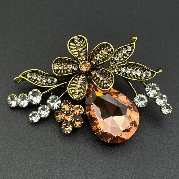 Yellow Gold with Champagne Topaz and Diamond Crystal Flower Pin Back Brooch - Picture 1 of 10